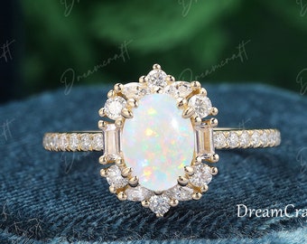 Anillo de compromiso de ópalo natural vintage, anillo de boda de corte ovalado, oro rosa, diamante único/moissanite, anillo de aniversario, anillo de novia para mujer