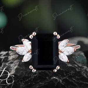 Black Onyx Engagement Ring 4ct Emerald Cut Solid 14K Gold Engagement Ring Cluster Ring Diamond Bridal Ring Promise Ring Anniversary Gift