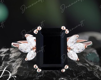Black Onyx Engagement Ring 4ct Emerald Cut Solid 14K Gold Engagement Ring Cluster Ring Diamond Bridal Ring Promise Ring Anniversary Gift