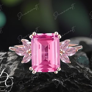 Pink Sapphire Engagement Ring 4ct Emerald Cut Vintage Rose Gold Engagement Cluster Ring Pink Gemstone Bridal Ring Promise Ring Anniversary