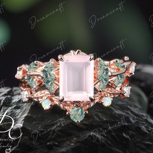 Vintage Emerald Cut Rose Quartz Engagement Ring Sets Nature Inspired Cluster Promise Ring Rose Gold Art Deco Leaf Pink Gemstone Branch Ring
