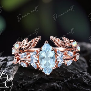 Vintage Marquise Cut Natural Aquamarine Engagement Ring Sets Nature Inspired Gem Cluster Promise Ring Rose Gold Art Deco Leaf  Women Gift