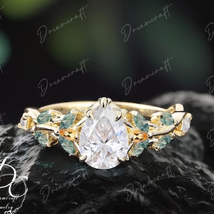 Vintage Pear Moissanite Engagement Ring Unique Promise Ring For Her Yellow Gold Art Deco Leaf Moss agate Branch Nature Inspired Cluster Ring