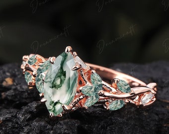 Vintage Marquise Moss Agate Engagement Ring Unique Promise Ring For Her Rose Gold Art Deco Leaf Gemstone Branch Nature Inspired Cluster Ring