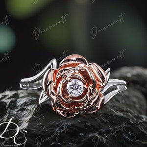 Solitaire Natural 3mm Diamond Ring/ David Design Rose Flower Ring 14k Two Tone Gold Diamond Ring / Engagement Ring / Wedding Ring  For Women