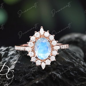 Moonstone Engagement Ring Vintage Oval Cut Engaement Ring 14K Rose Gold Unique Moissanite / Diamond Wedding Ring Promise Ring For Her