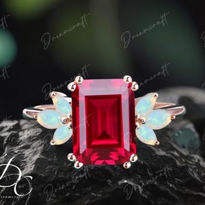 Lab Red Ruby Engagement Ring 4ct Emerald Cut Vintage Rose Gold Engagement Cluster Ring Opal Wedding Bridal Ring Promise Ring Anniversary