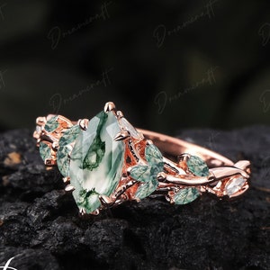 Vintage Marquise Moss Agate Engagement Ring Unique Promise Ring For Her Rose Gold Art Deco Leaf Gemstone Branch Nature Inspired Cluster Ring image 1