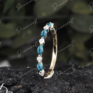 Unique marquise cut turquoise wedding band Solid 14K 18K Gold Promise Ring band Vintage half eternity Bridal Matching Stacking band Women