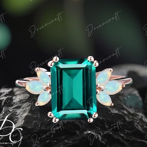 Bague de fiançailles émeraude 4 carats taille émeraude massif 14 carats Bague de fiançailles en grappe, opale naturelle, bague de mariée, bague de promesse, cadeau d&#39;anniversaire