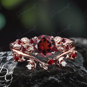 Art Deco Leaf Rose Gold Natural Garnet Engagement Ring Sets Nature Inspired Cluster Promise Ring Red Gemstone Branch Bridal Set Jewelry