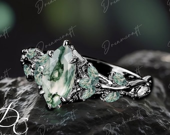 Gothic Black Gold Marquise Cut Moss Aagate Engagement Ring Nature Inspired Cluster Promise Ring  Art Deco Leaf Gemstone Branch Bridal Ring