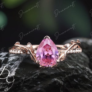Vintage Pear Shaped Pink Sapphire Engagement Ring Nature Inspired Cluster Promise Ring Rose Gold Art Deco Leaf  Gemstone Anniversary Women