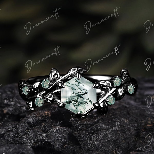 Hexagon Cut Moss Agate Engagement Ring  Art Deco Leaf Black GoldNature Inspired Cluster Promise Ring Green  Bridal Ring Jewelry Gitf For Her