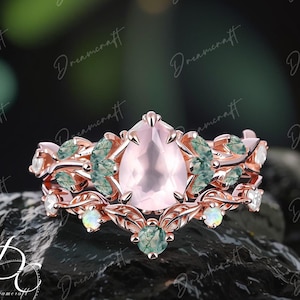 Vintage Pear Cut Rose Quartz Engagement Ring Sets Handmade Cluster Promise Ring Rose Gold Art Deco Leaf Pink Gemstone Branch Ring Women gift