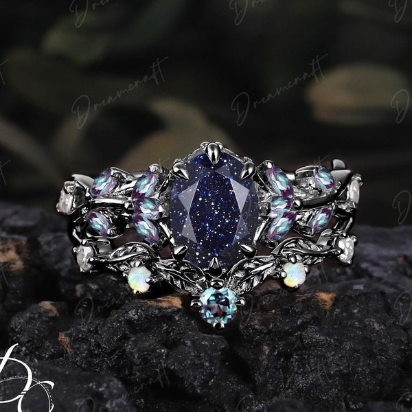 Gothic Black Gold Oval Cut Blue Sandstone Engagement Ring Bridal Sets Nature Inspired Cluster Promise Ring  Art Deco Leaf Gemstone Branch