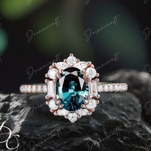 Vintage Teal sapphire engagement ring oval cut wedding ring rose gold unique diamond moissanite anniversary ring bridal ring for women