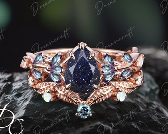 Vintage Pear Blue Sandstone Engagement Ring Sets Nature Inspired Cluster Promise Ring Rose Gold Art Deco Leaf Gemstone Branch Bridal Sets