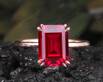 Emerald Cut Ruby Engagement Ring 4ct Solid 14K Gold Promise Ring Solitaire Ring Red Gemstone Statement Ring July  Birthstone Ring  Women