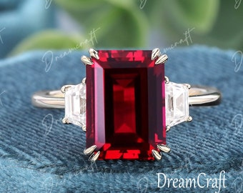 Ruby engagement ring 4CT Emerald cut vintage unique yellow gold 3 stone engagement ring Wedding Bridal ring anniversary ring gift for women