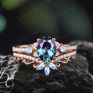 Oval Alexandrite Engagement Ring Sets Cluster Promise Ring Art Deco Ring Rose Gold Gemstone Bridal ring Jewelry Gift  Statement Ring women
