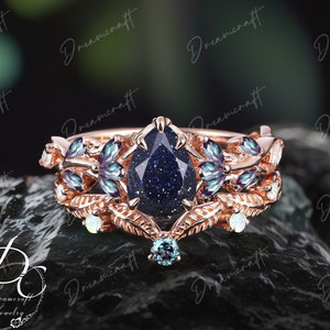 Vintage Pear Blue Sandstone Engagement Ring Sets Nature Inspired Cluster Promise Ring Rose Gold Art Deco Leaf Gemstone Branch Bridal Sets