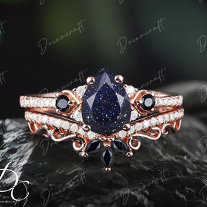 Pear Blue Sandstone Engagement Ring Sets Cluster Promise Ring Rose Gold Art Deco Ring  Gemstone Bridal Set Jewelry Gift Statement Ring women