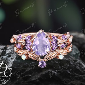 Vintage Pear Lavender Amethyst Engagement Ring Sets Nature Inspired Cluster Promise Ring Feb Brithstone Rose Gold Art Deco Leaf Branch Ring