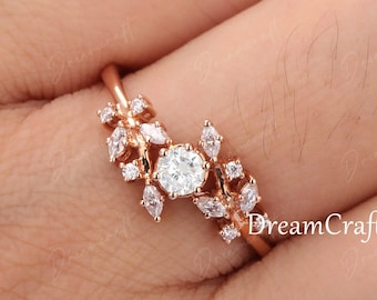 Diamond / Moissanite Engagement Ring Rose gold vintage engagement ring Cluster ring unique leaf wedding Bridal ring Promise Anniversary Gift