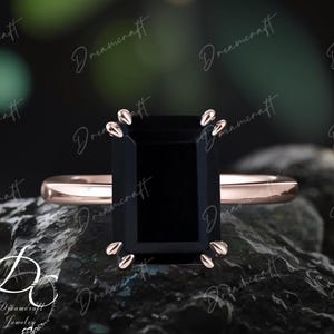 Emerald Cut Black Onyx Engagement Ring 4ct Solid 14K Gold Promise Ring Solitaire Ring Double Prongs Statement Ring Gemstone Ring  Women