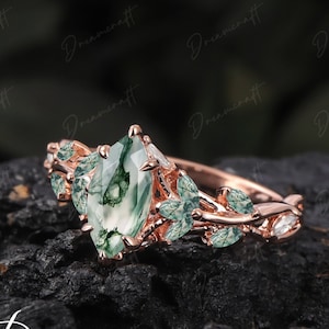 Vintage Marquise Moss Agate Engagement Ring Unique Promise Ring For Her Rose Gold Art Deco Leaf Gemstone Branch Nature Inspired Cluster Ring image 6