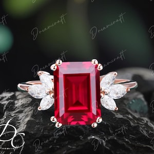 Lab Red Ruby Engagement Ring 4ct Emerald Cut Vintage Rose Gold Engagement Cluster Ring Moissanite Bridal Ring Promise Ring Anniversary