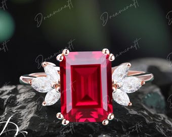 Lab Red Ruby Engagement Ring 4ct Emerald Cut Vintage Rose Gold Engagement Cluster Ring Moissanite Bridal Ring Promise Ring Anniversary