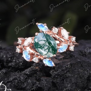 Vintage oval moss agate engagement ring rose gold leaf Nature inspired branches Twig marquise moonstone wedding  women  anniversary ring