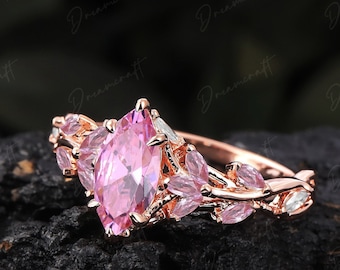 Vintage Marquise Cut Pink Sapphire Engagement Ring Unique Cluster Promise Ring  Art Deco Leaf Sep Birthstone Gemstone Branch Nature Inspired