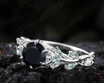 Vintage Black Onyx Engagement Ring Unique Promise Ring For Her White Gold Art Deco Leaf Branch  Nature Inspired Cluster Ring Anniversary