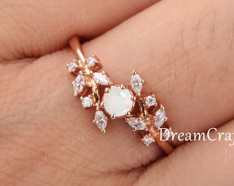 Opal engagement ring Rose gold engagement ring Diamond Cluster ring Unique Women Delicate leaf wedding Bridal set Promise Anniversary Ring