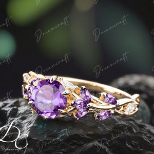 Vintage Natural Amethyst Engagement Ring Unique Cluster Promise Ring For Her Solid Gold Art Deco Leaf  Gemstone Branch Nature Inspired Ring