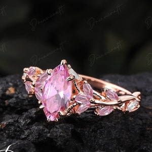 Vintage Marquise Cut Pink Sapphire Engagement Ring Unique Cluster Promise Ring  Art Deco Leaf Sep Birthstone Gemstone Branch Nature Inspired