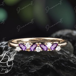 Vintage Moissanite Amethyst wedding band rose gold Marquise Cut Feb birthstone matching Stacking Delicate promise ring wedding ring Women