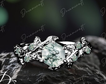 Hexagon Cut Moss Agate Engagement Ring  Art Deco Leaf Black GoldNature Inspired Cluster Promise Ring Green  Bridal Ring Jewelry Gitf For Her