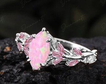 Vintage Marquise Cut Pink Opal  Engagement Ring Unique Cluster Promise Ring White Gold Art Deco Leaf Gemstone Branch Nature Inspired  Gift