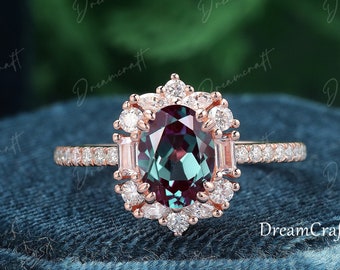 Anillo de compromiso de Alejandrita vintage anillo de bodas de corte ovalado oro rosa diamante único / moissanite anillo de aniversario anillo de novia para mujer