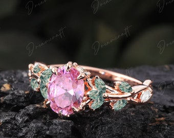 Vintage Oval rosa Saphir VerlobungsringPromise Ring Einzigartige Cluster Gold Art Deco Blatt Sep Birthstone Edelstein Zweig Natur inspiriert