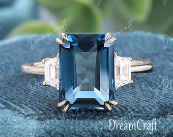 London blue Topaz engagement ring 4CT Emerald cut vintage unique solid gold engagement ring Wedding Bridal ring anniversary ring gift women