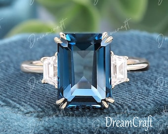 London blue Topaz engagement ring 4CT Emerald cut vintage unique solid gold engagement ring Wedding Bridal ring anniversary ring gift women