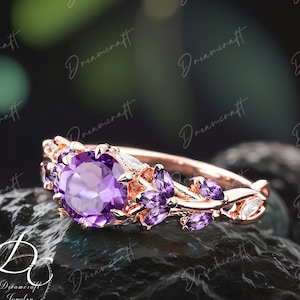 Vintage Amethyst Engagement Ring Unique Cluster Promise Ring For Her Rose Gold Art Deco Leaf Feb birthstone Gemstone Branch Nature Inspired