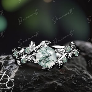 Hexagon Cut Moosachat Verlobungsring Art Deco Blatt Schwarz GoldNature Inspiriert Cluster Versprechen Ring Grün Braut Ring Schmuck Gitf für Sie