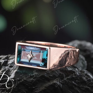 Solid 14K Rose Gold Men Band Wedding Band Minimalist Ring Alexandrite Ring Real Gemstone Wedding Anniversary Band Promise Ring For Him