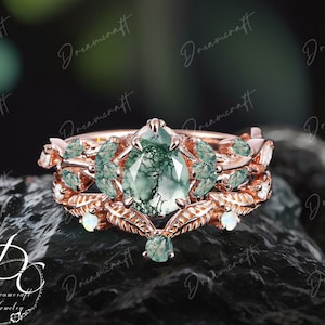 Vintage Pear Cut Moss Agate Engagement Ring Sets Nature Inspired Cluster Promise Ring  Rose Gold Art Deco Leaf Green Gemstone Branch Ring